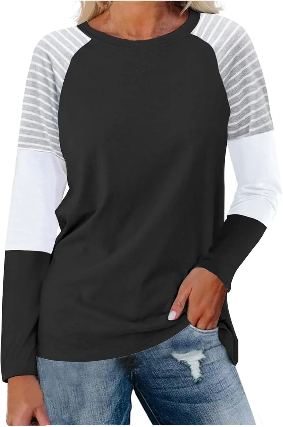 Women Casual Long Sleeve t-Shirts Striped Color Block Loose Fit Sweatshirt Round Neck Comfy Oversized Preppy Shirts