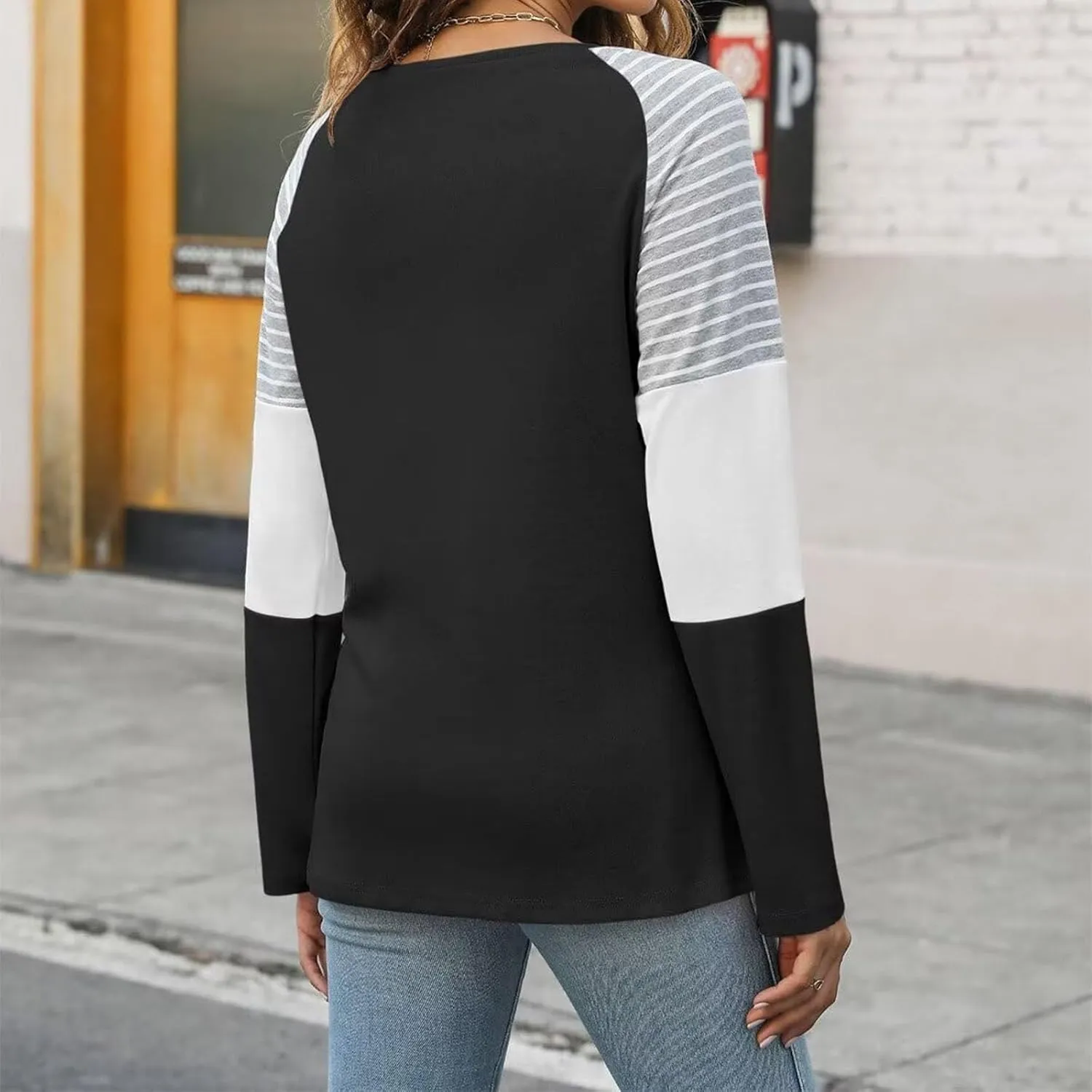 Women Casual Long Sleeve t-Shirts Striped Color Block Loose Fit Sweatshirt Round Neck Comfy Oversized Preppy Shirts