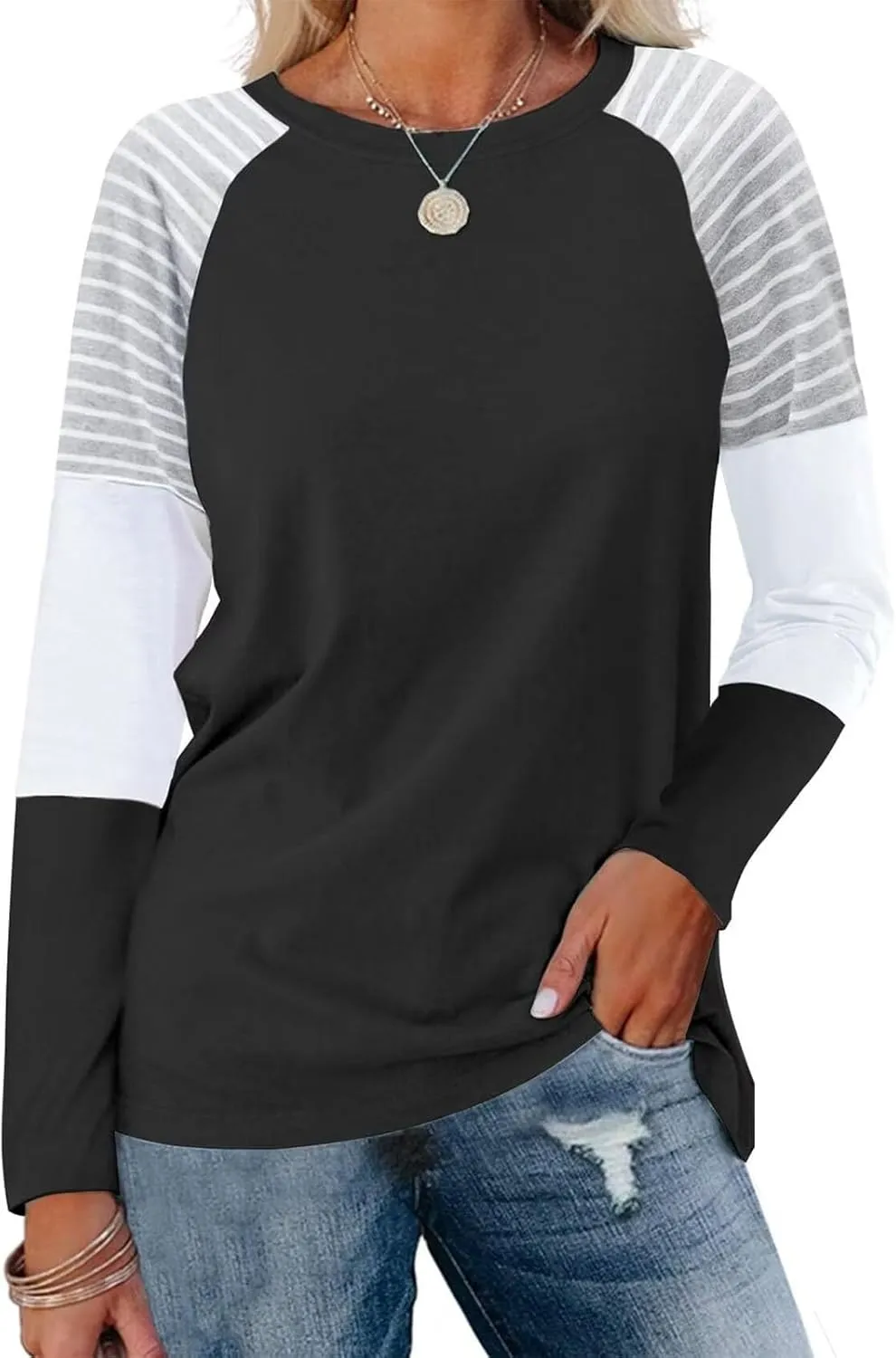 Women Casual Long Sleeve t-Shirts Striped Color Block Loose Fit Sweatshirt Round Neck Comfy Oversized Preppy Shirts