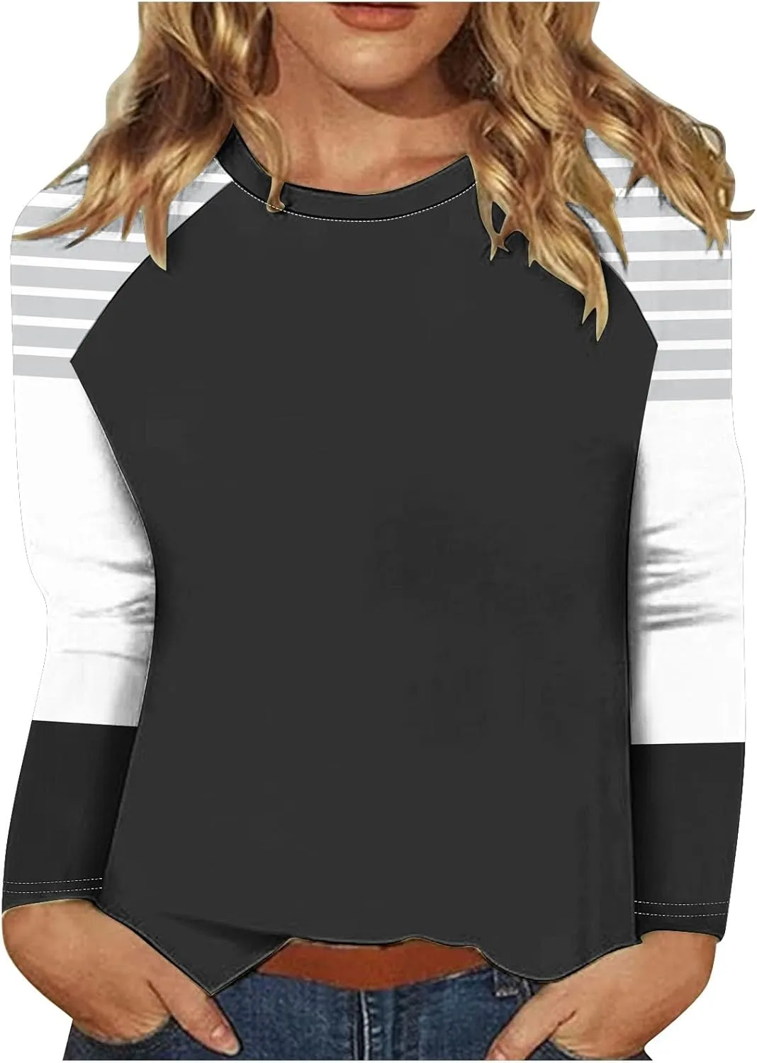 Women Casual Long Sleeve t-Shirts Striped Color Block Loose Fit Sweatshirt Round Neck Comfy Oversized Preppy Shirts