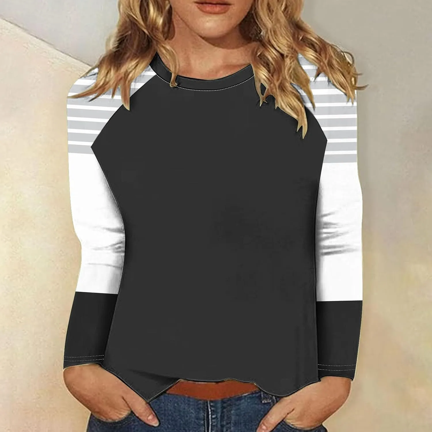 Women Casual Long Sleeve t-Shirts Striped Color Block Loose Fit Sweatshirt Round Neck Comfy Oversized Preppy Shirts