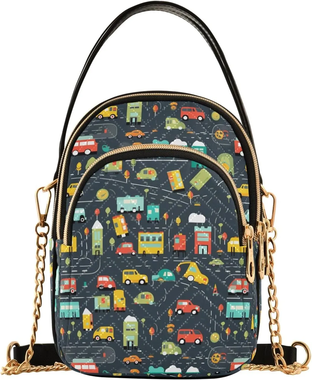 Women Crossbody Handbag Cartoon Bus Car Vehicle Pattern Quilted Chain Bag