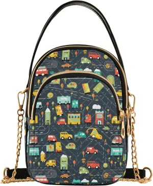 Women Crossbody Handbag Cartoon Bus Car Vehicle Pattern Quilted Chain Bag