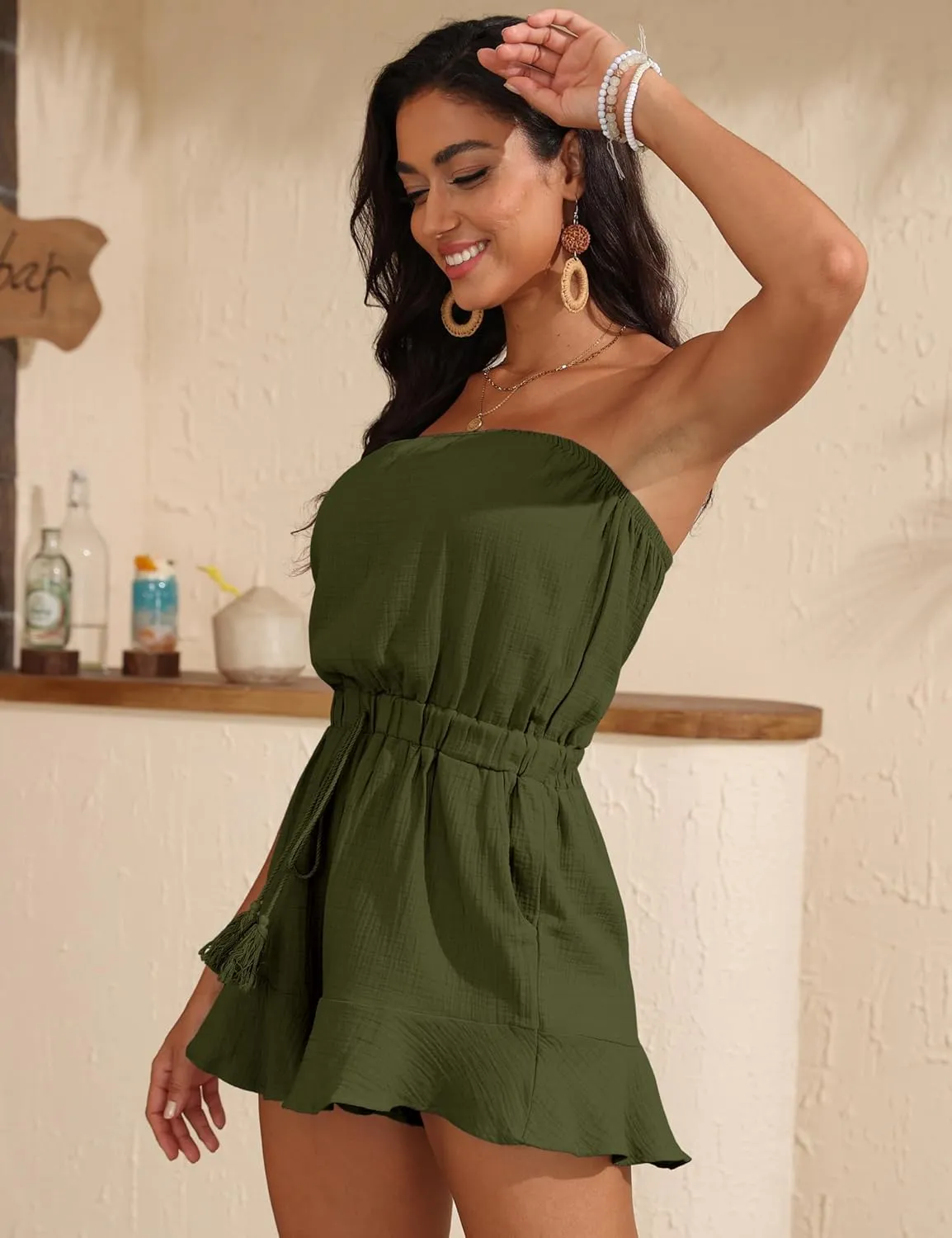 Women Cute Summer Rompers Dress Boho Short Jumpsuits Strapless Beach Vacation Outfits Resort Wear