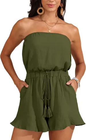 Women Cute Summer Rompers Dress Boho Short Jumpsuits Strapless Beach Vacation Outfits Resort Wear