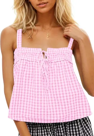 Women Cute Tie Front Plaid Crop Tank Tops Square Neck Sleeveless Gingham Camisole Tops Summer Backless Cropped Vest