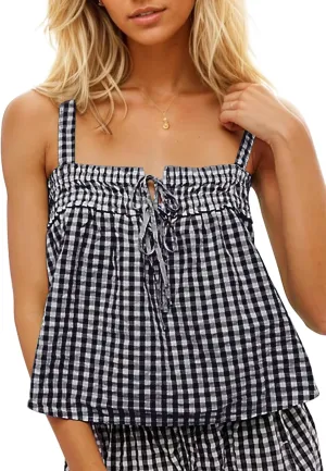Women Cute Tie Front Plaid Crop Tank Tops Square Neck Sleeveless Gingham Camisole Tops Summer Backless Cropped Vest