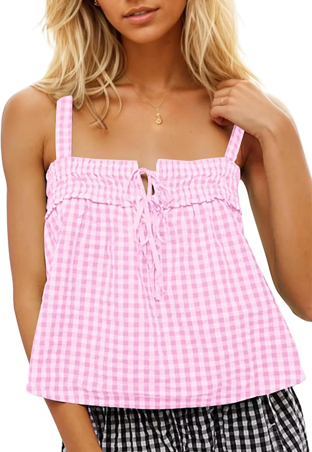 Women Cute Tie Front Plaid Crop Tank Tops Square Neck Sleeveless Gingham Camisole Tops Summer Backless Cropped Vest