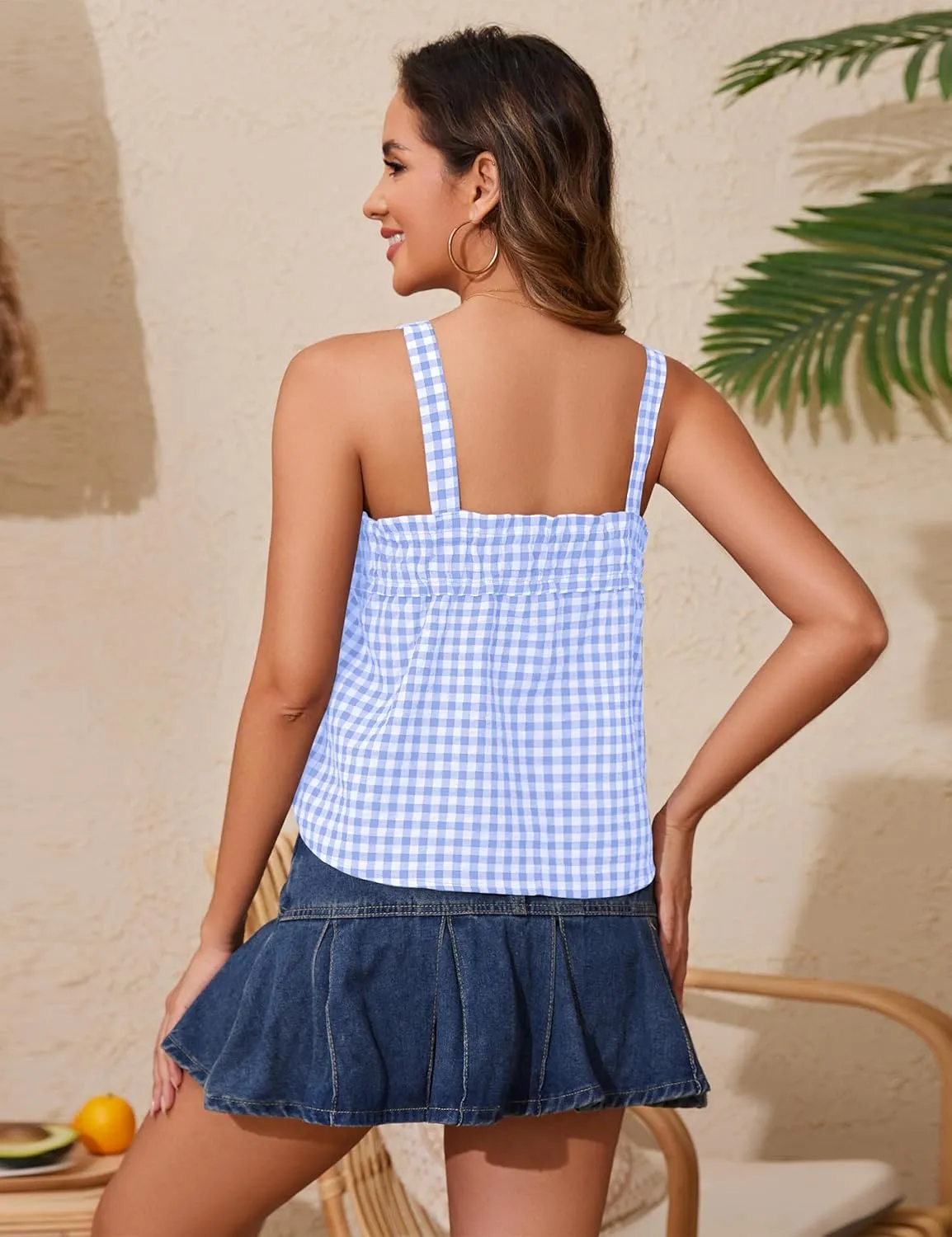 Women Cute Tie Front Plaid Crop Tank Tops Square Neck Sleeveless Gingham Camisole Tops Summer Backless Cropped Vest