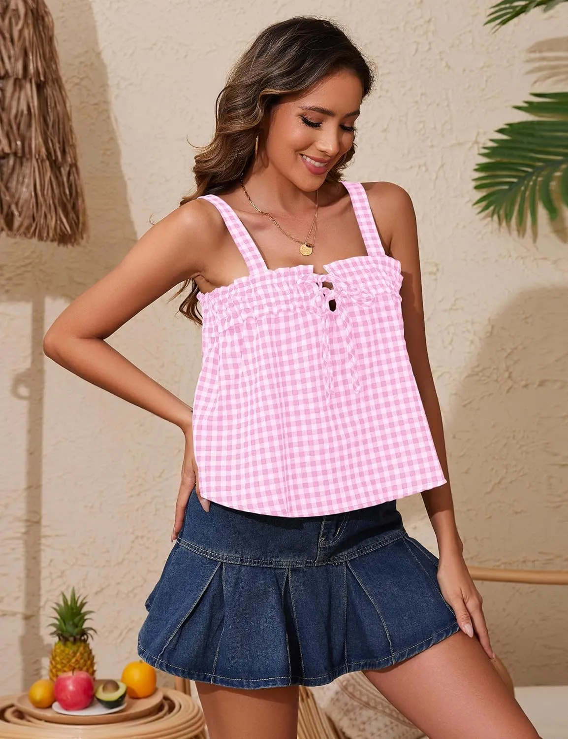 Women Cute Tie Front Plaid Crop Tank Tops Square Neck Sleeveless Gingham Camisole Tops Summer Backless Cropped Vest