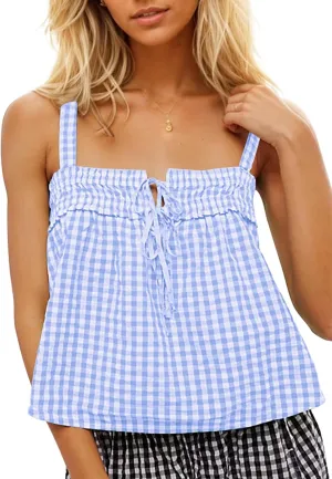 Women Cute Tie Front Plaid Crop Tank Tops Square Neck Sleeveless Gingham Camisole Tops Summer Backless Cropped Vest