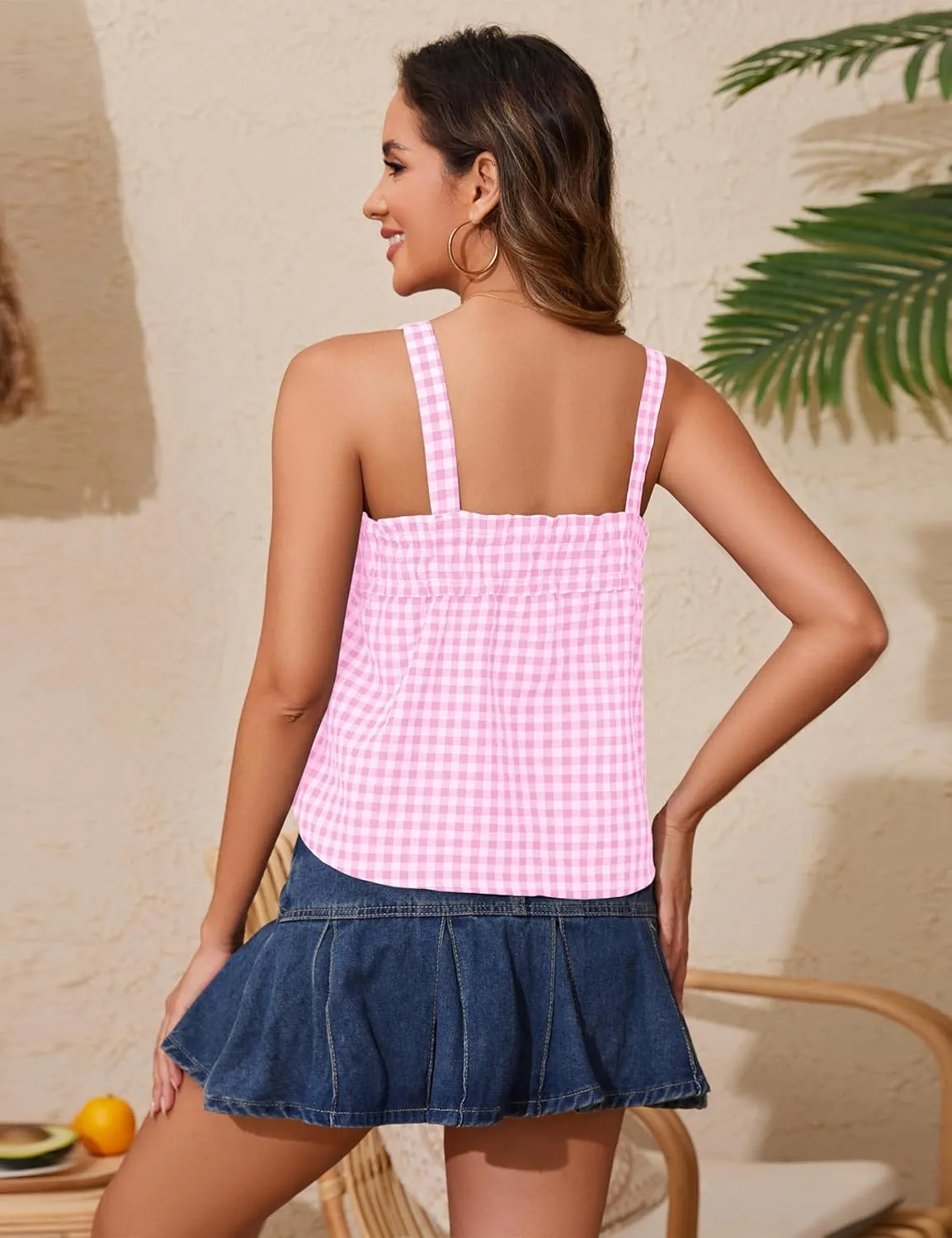 Women Cute Tie Front Plaid Crop Tank Tops Square Neck Sleeveless Gingham Camisole Tops Summer Backless Cropped Vest