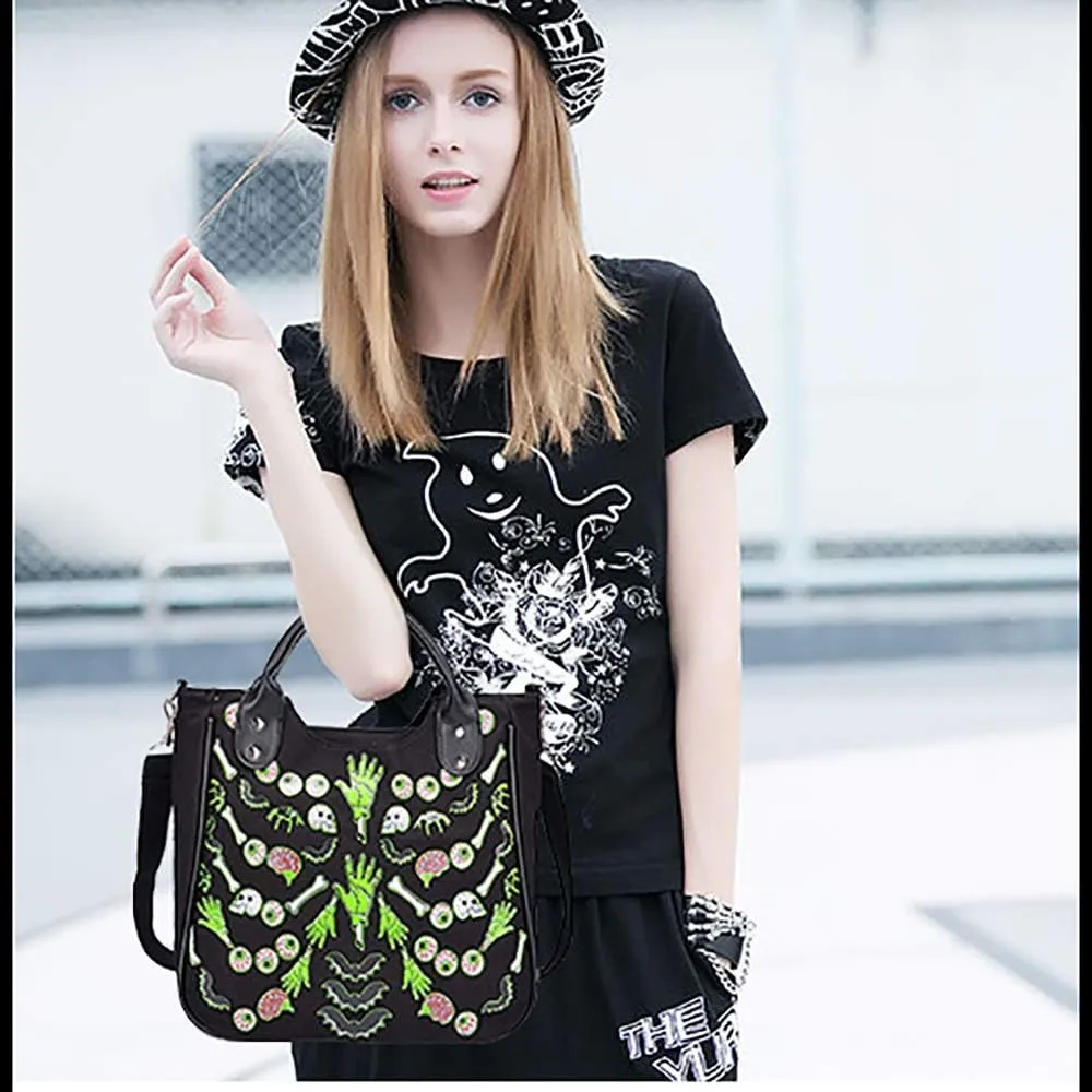 Women Fashion Rivet Handbag Purse Luminous Canvas Punk Tote with Shoulder Strap Crossbody Bag Large Capacity