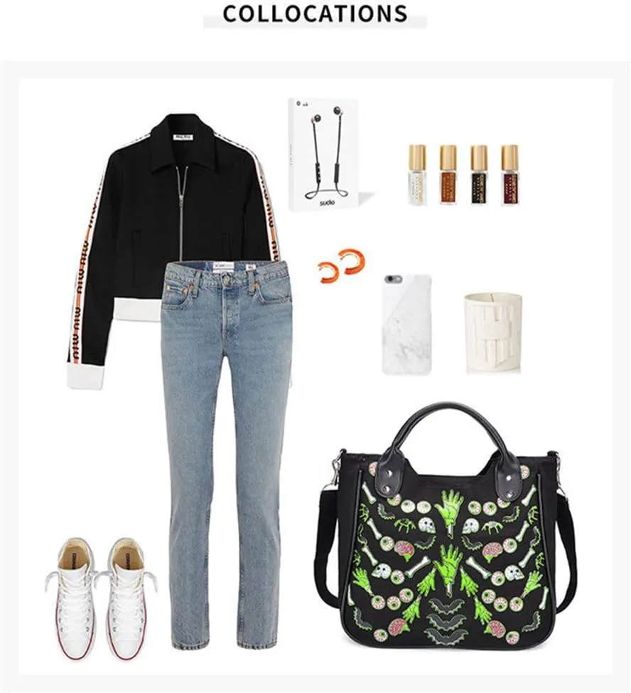 Women Fashion Rivet Handbag Purse Luminous Canvas Punk Tote with Shoulder Strap Crossbody Bag Large Capacity