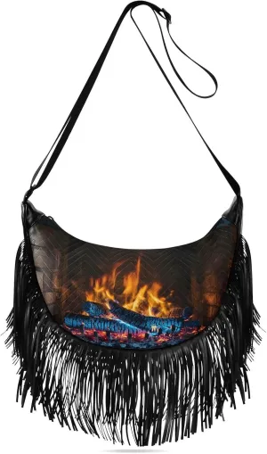 Women Fringe Hippie Purses Surreal Fire Place Print, Western Tassel Bags Crossbody with Adjustable Strap Fabric PU Material