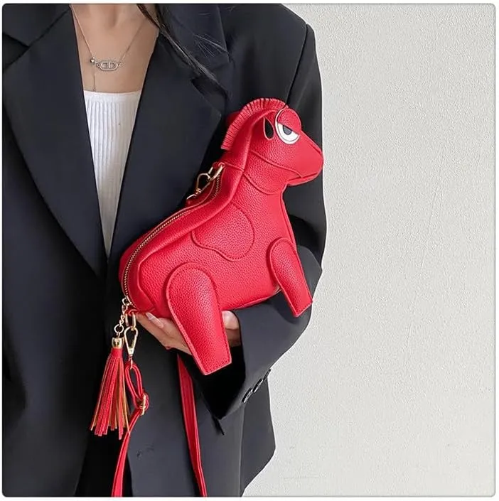 Women Funny Horse Shaped Crossbody Bag Cute Animal Shoulder Bag PU Leather Clutch Purse with Fringe