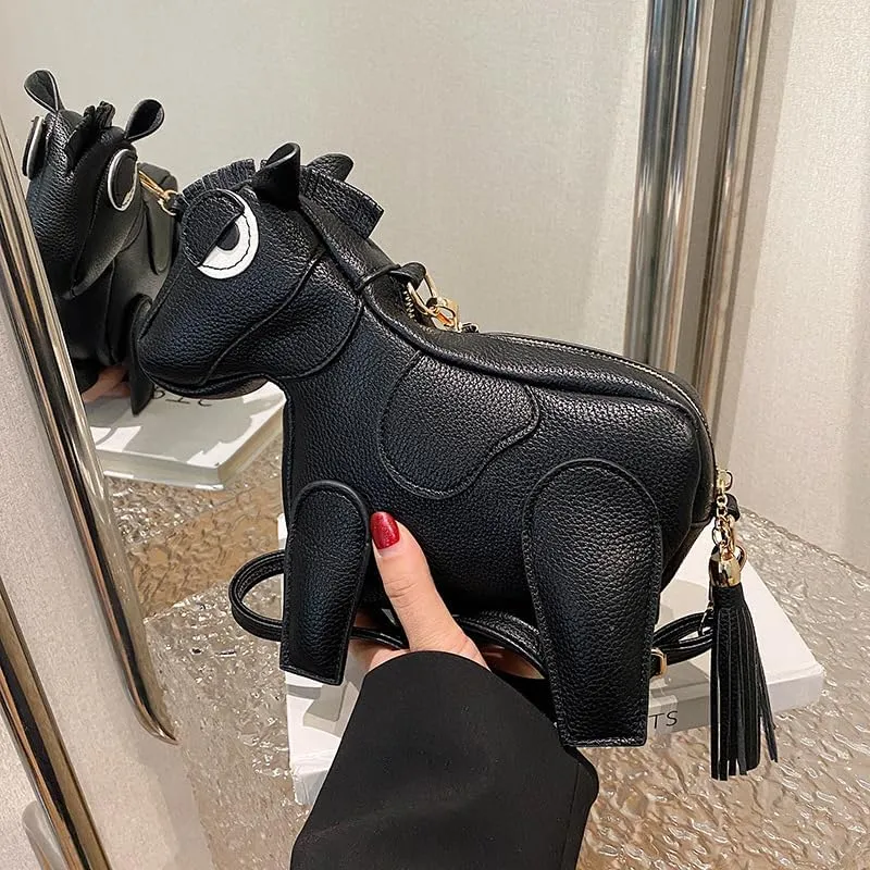 Women Funny Horse Shaped Crossbody Bag Cute Animal Shoulder Bag PU Leather Clutch Purse with Fringe