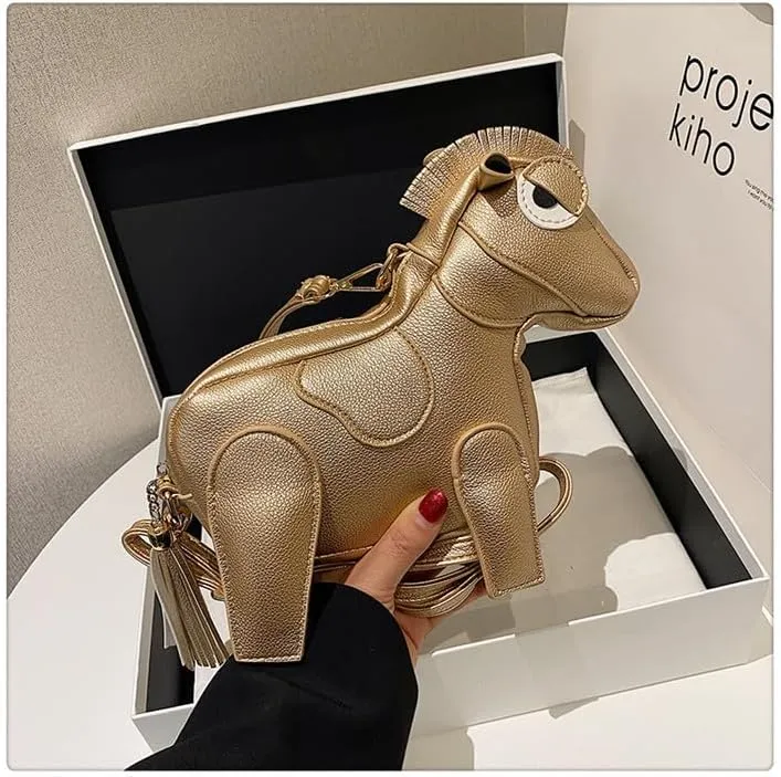 Women Funny Horse Shaped Crossbody Bag Cute Animal Shoulder Bag PU Leather Clutch Purse with Fringe