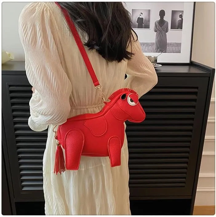 Women Funny Horse Shaped Crossbody Bag Cute Animal Shoulder Bag PU Leather Clutch Purse with Fringe