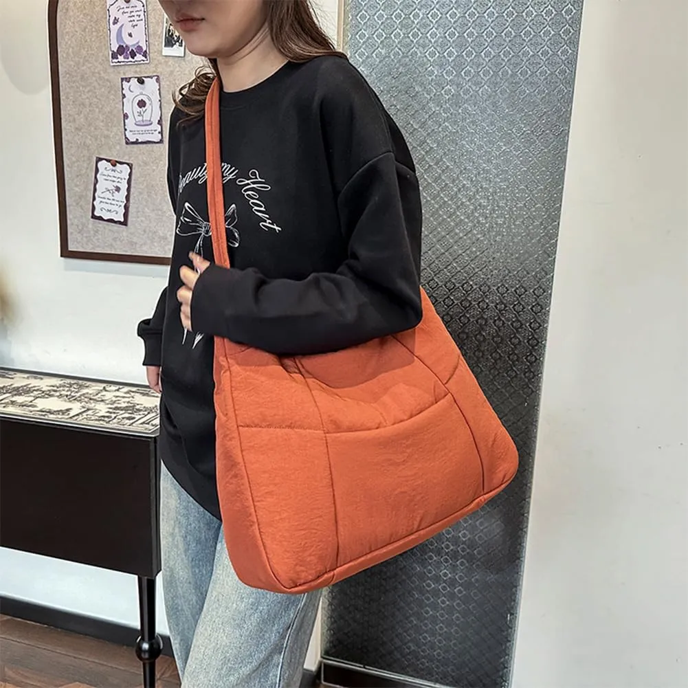 Women Nylon Shoulder Bag Cotton Padded Crossbody Bag Adjustable Strap Puffy Bag with Zipper Handbag for Work Trave
