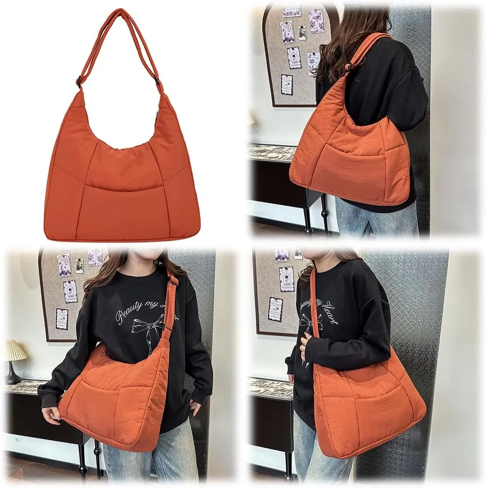 Women Nylon Shoulder Bag Cotton Padded Crossbody Bag Adjustable Strap Puffy Bag with Zipper Handbag for Work Trave