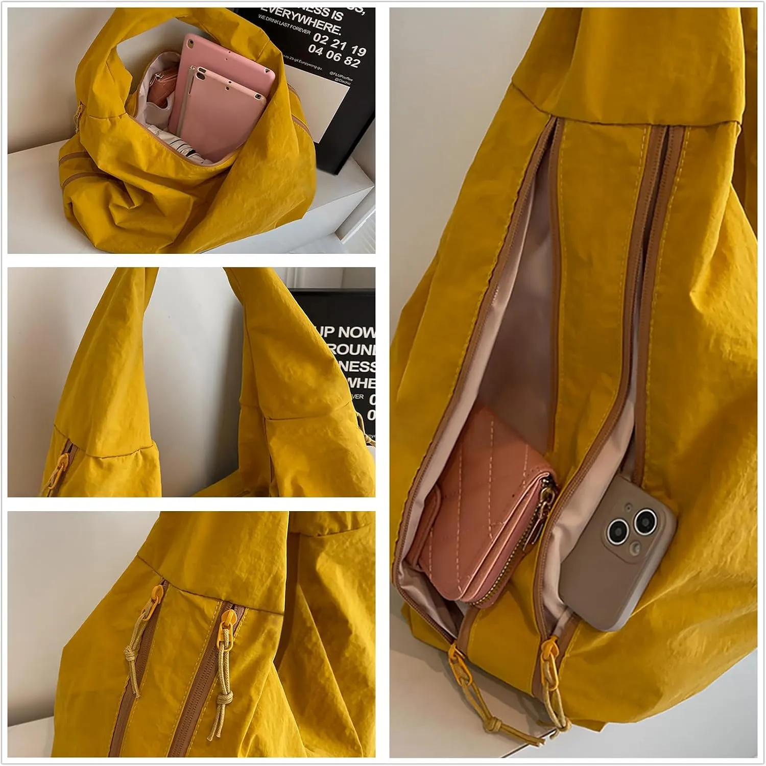 Women Nylon Tote Bag with Zipper Large Shoulder Draped Totes Bags Lightweight Purse,All-Matching Underarm Pack Handbags