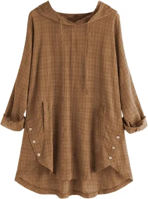 Women Plus Size Hooded Dress Tops Cotton Linen Long Sleeve Shirts Blouse Fall Fashion Flowy Tunic Hide Belly Shirts