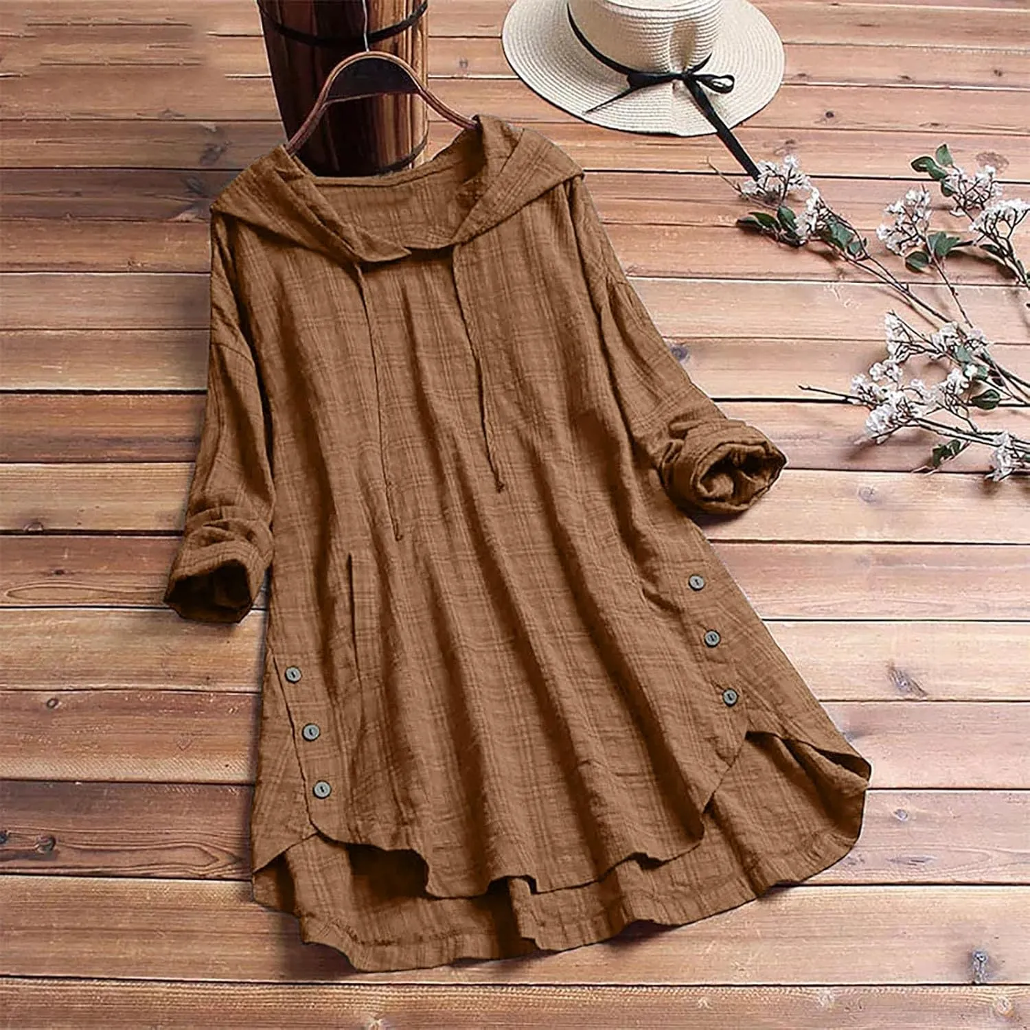 Women Plus Size Hooded Dress Tops Cotton Linen Long Sleeve Shirts Blouse Fall Fashion Flowy Tunic Hide Belly Shirts