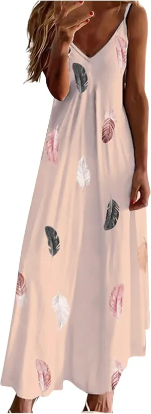 Women Spaghetti Strap Vintage Maxi Dresses Boho Floral Print Sun Dresses Loose Fit Casual Beach Dress