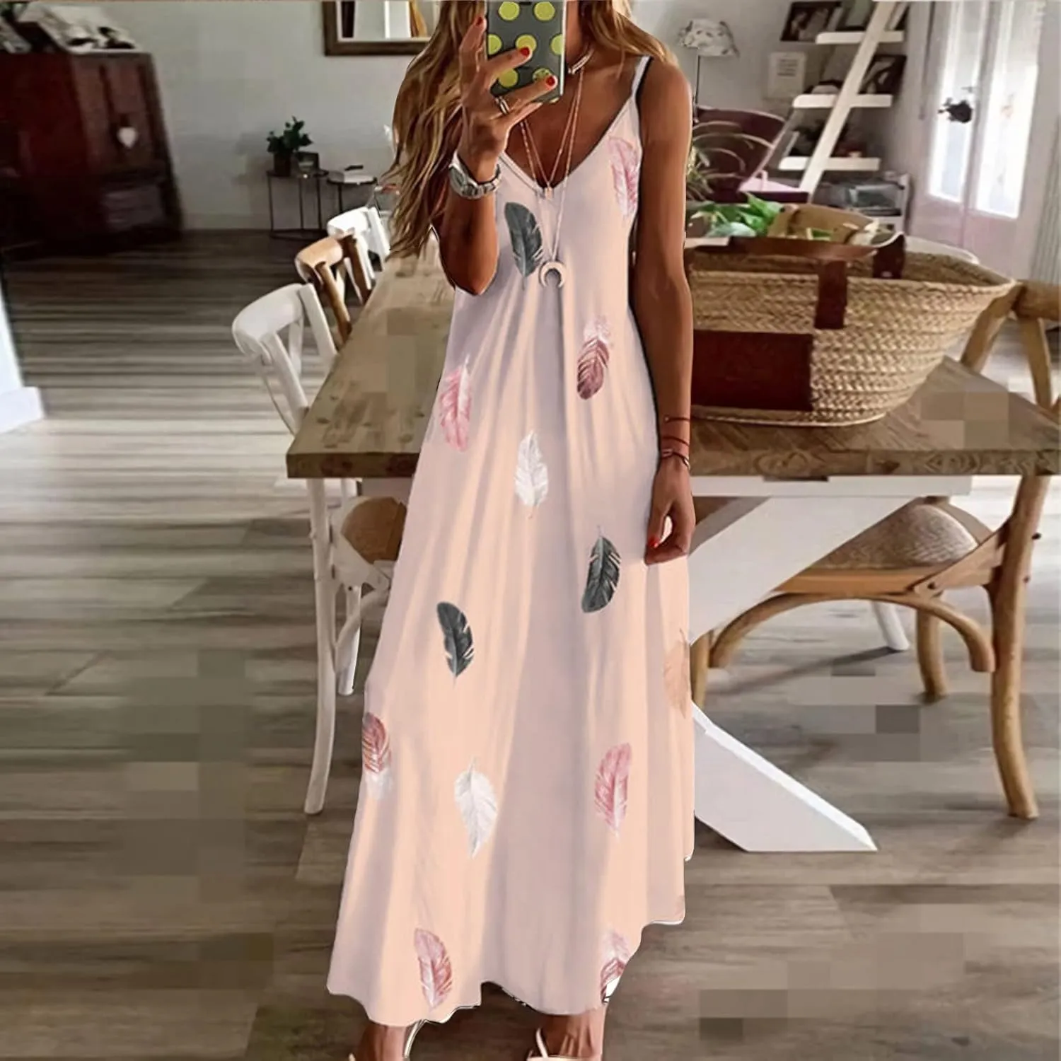 Women Spaghetti Strap Vintage Maxi Dresses Boho Floral Print Sun Dresses Loose Fit Casual Beach Dress