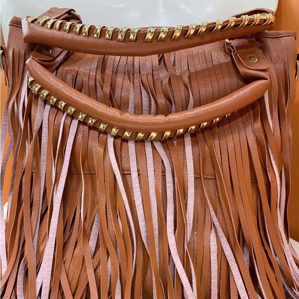 Women Tassel Fringe Shoulder Bag Big Tote Messenger Handbag Hobo Cross Body Bag (Black)