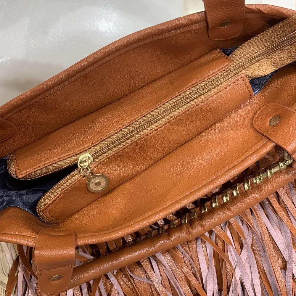 Women Tassel Fringe Shoulder Bag Big Tote Messenger Handbag Hobo Cross Body Bag (Black)