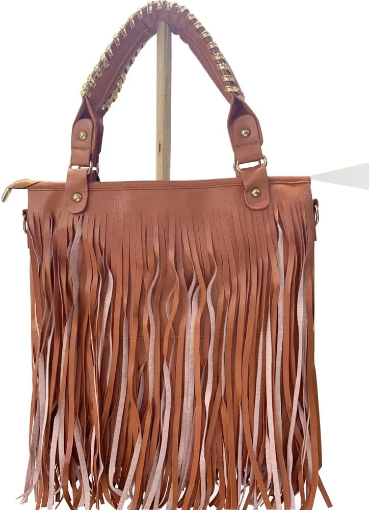 Women Tassel Fringe Shoulder Bag Big Tote Messenger Handbag Hobo Cross Body Bag (Black)