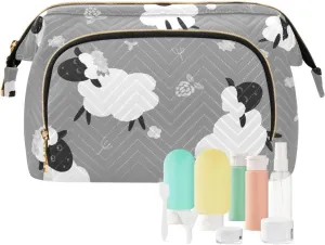 Women Wave Quilt Cosmetic Bag, Storage Pouch Handbag Makeup Case Zipper Toiletry Purse Holder Organizer 10.2x5.9x6.7 in Black White Sheep Lambs Wild Flowers on a Dark Gray