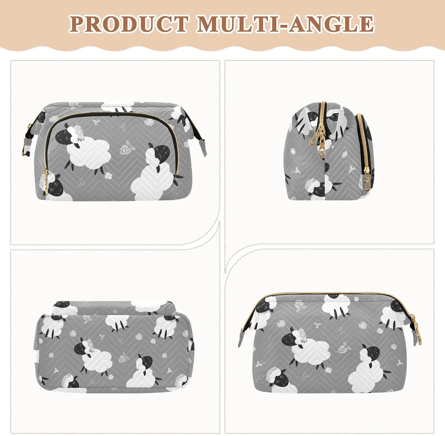Women Wave Quilt Cosmetic Bag, Storage Pouch Handbag Makeup Case Zipper Toiletry Purse Holder Organizer 10.2x5.9x6.7 in Black White Sheep Lambs Wild Flowers on a Dark Gray