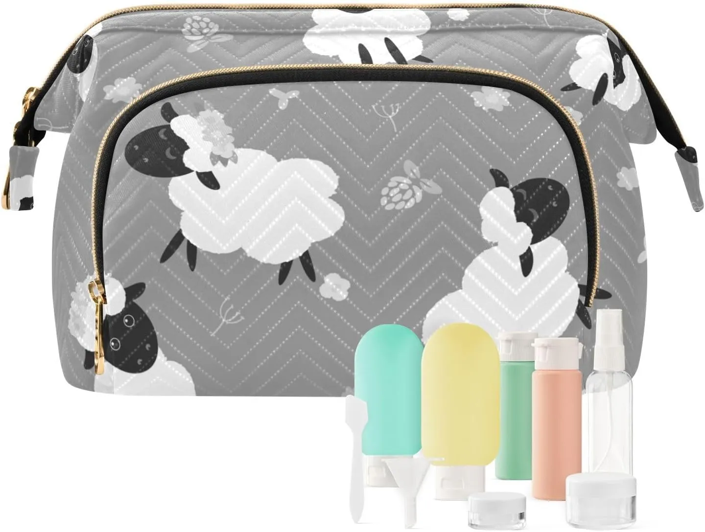 Women Wave Quilt Cosmetic Bag, Storage Pouch Handbag Makeup Case Zipper Toiletry Purse Holder Organizer 10.2x5.9x6.7 in Black White Sheep Lambs Wild Flowers on a Dark Gray