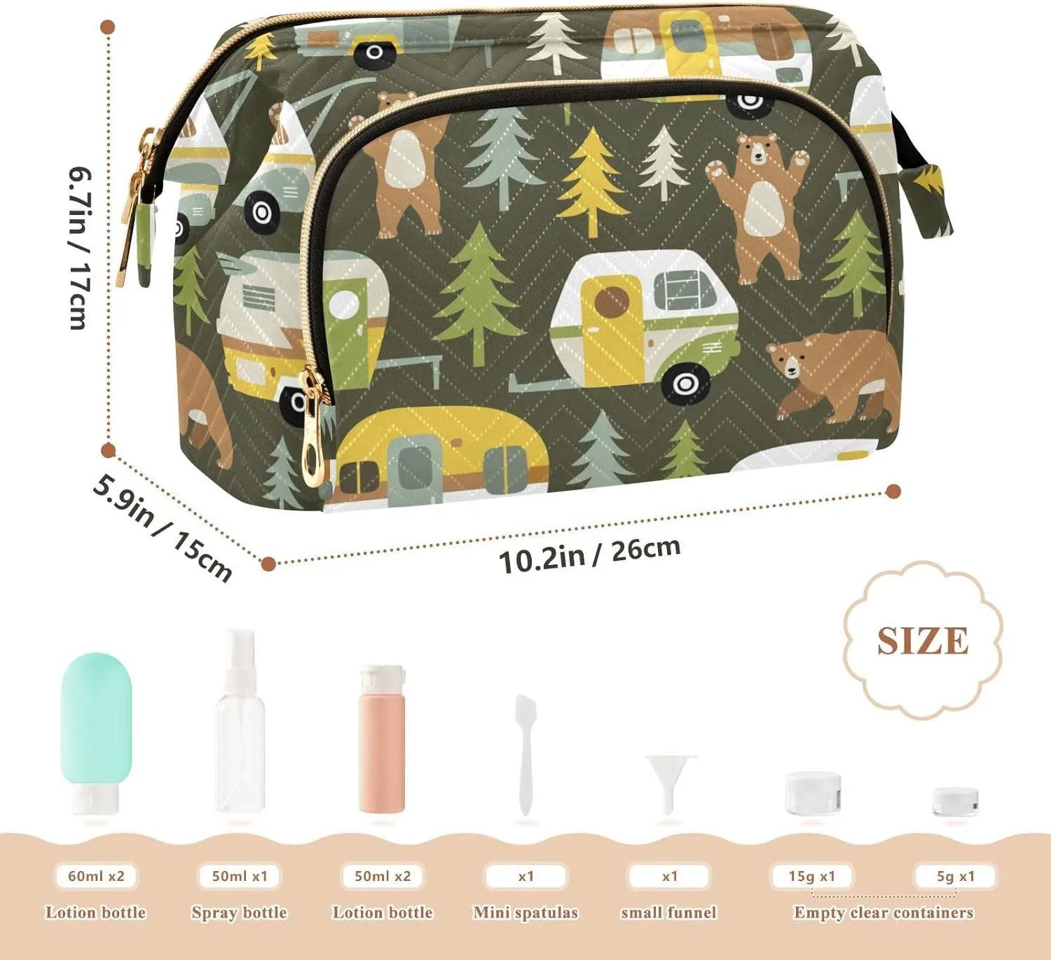 Women Wave Quilt Cosmetic Bag, Storage Pouch Handbag Makeup Case Zipper Toiletry Purse Holder Organizer 10.2x5.9x6.7 in Camping Cars Hamper Bears Forest Trees on Dark Green