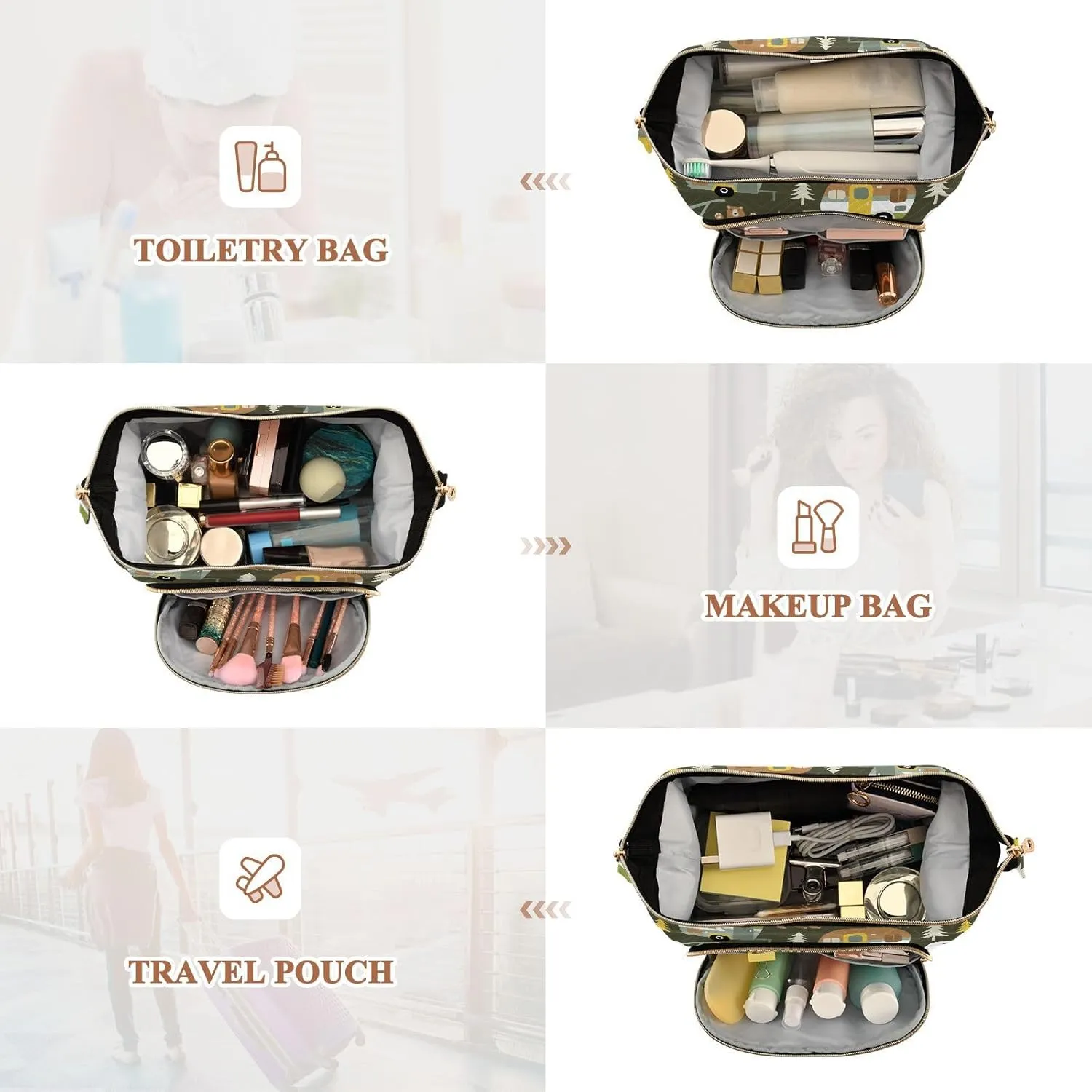 Women Wave Quilt Cosmetic Bag, Storage Pouch Handbag Makeup Case Zipper Toiletry Purse Holder Organizer 10.2x5.9x6.7 in Camping Cars Hamper Bears Forest Trees on Dark Green