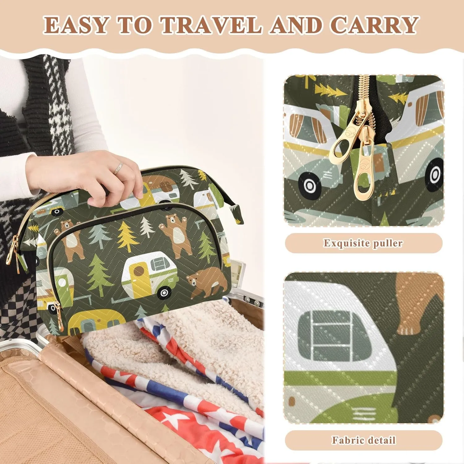 Women Wave Quilt Cosmetic Bag, Storage Pouch Handbag Makeup Case Zipper Toiletry Purse Holder Organizer 10.2x5.9x6.7 in Camping Cars Hamper Bears Forest Trees on Dark Green