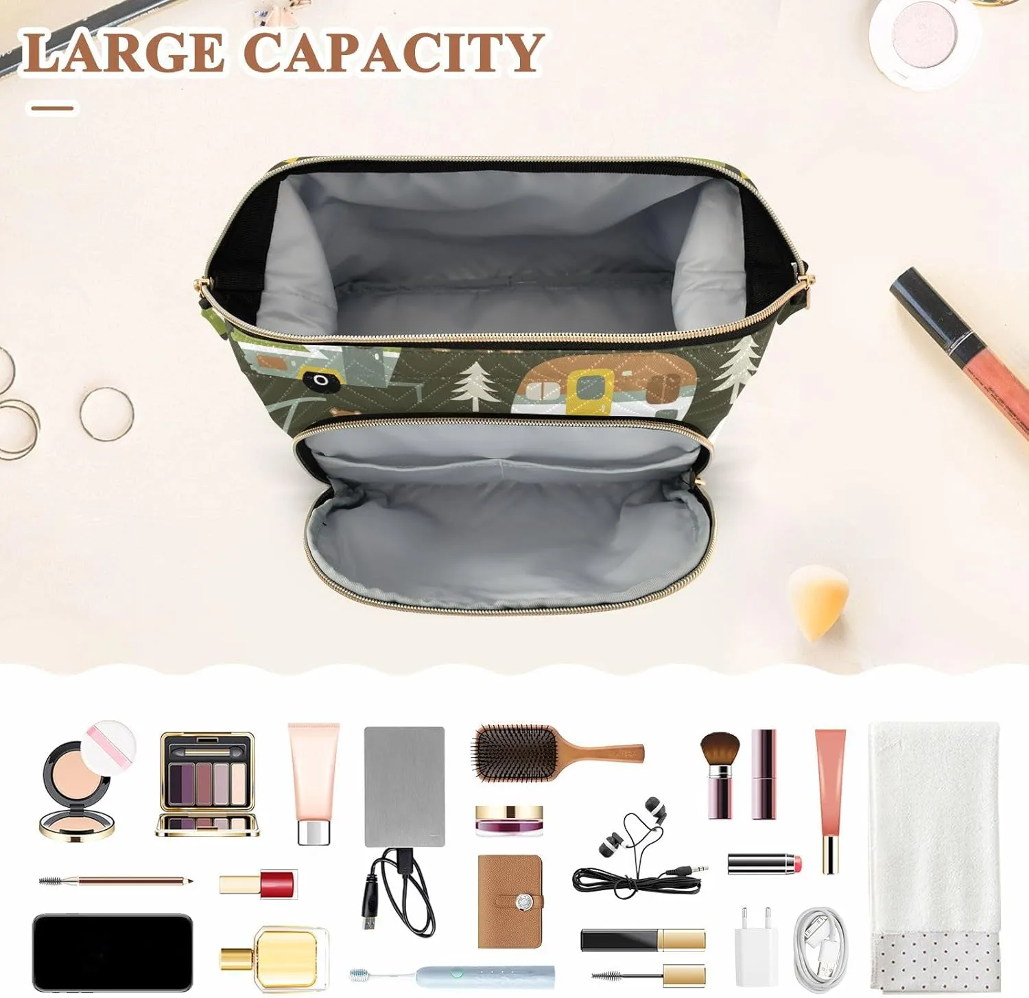 Women Wave Quilt Cosmetic Bag, Storage Pouch Handbag Makeup Case Zipper Toiletry Purse Holder Organizer 10.2x5.9x6.7 in Camping Cars Hamper Bears Forest Trees on Dark Green