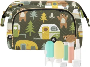 Women Wave Quilt Cosmetic Bag, Storage Pouch Handbag Makeup Case Zipper Toiletry Purse Holder Organizer 10.2x5.9x6.7 in Camping Cars Hamper Bears Forest Trees on Dark Green