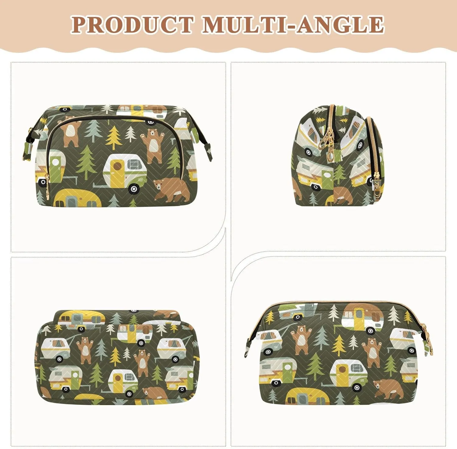 Women Wave Quilt Cosmetic Bag, Storage Pouch Handbag Makeup Case Zipper Toiletry Purse Holder Organizer 10.2x5.9x6.7 in Camping Cars Hamper Bears Forest Trees on Dark Green