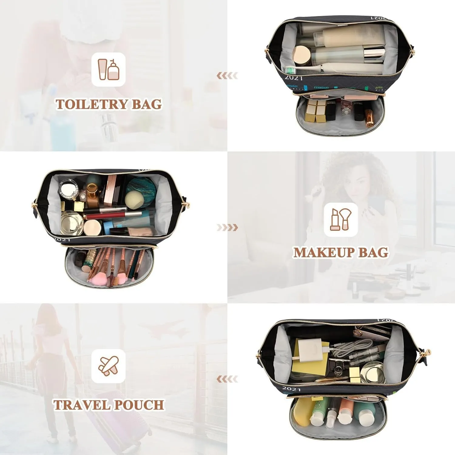 Women Wave Quilt Cosmetic Bag, Storage Pouch Handbag Makeup Case Zipper Toiletry Purse Holder Organizer 10.2x5.9x6.7 in Colorful Calendar Template Mock up Week starts on Monday on Dark