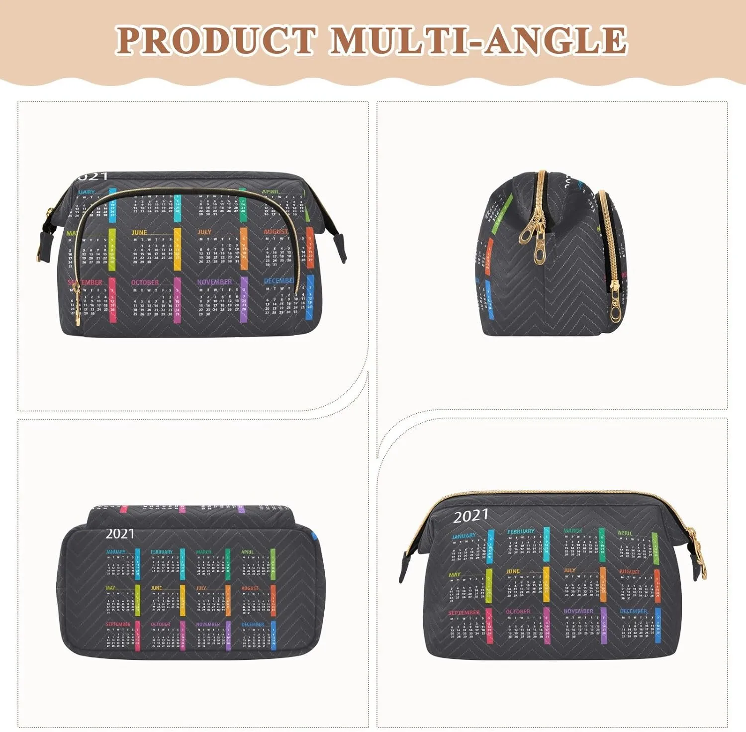 Women Wave Quilt Cosmetic Bag, Storage Pouch Handbag Makeup Case Zipper Toiletry Purse Holder Organizer 10.2x5.9x6.7 in Colorful Calendar Template Mock up Week starts on Monday on Dark