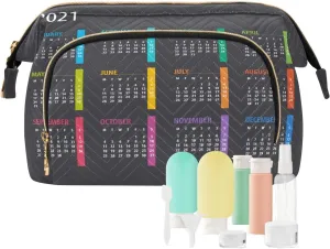 Women Wave Quilt Cosmetic Bag, Storage Pouch Handbag Makeup Case Zipper Toiletry Purse Holder Organizer 10.2x5.9x6.7 in Colorful Calendar Template Mock up Week starts on Monday on Dark