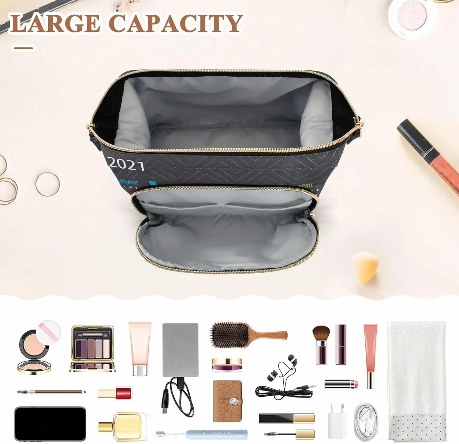 Women Wave Quilt Cosmetic Bag, Storage Pouch Handbag Makeup Case Zipper Toiletry Purse Holder Organizer 10.2x5.9x6.7 in Colorful Calendar Template Mock up Week starts on Monday on Dark