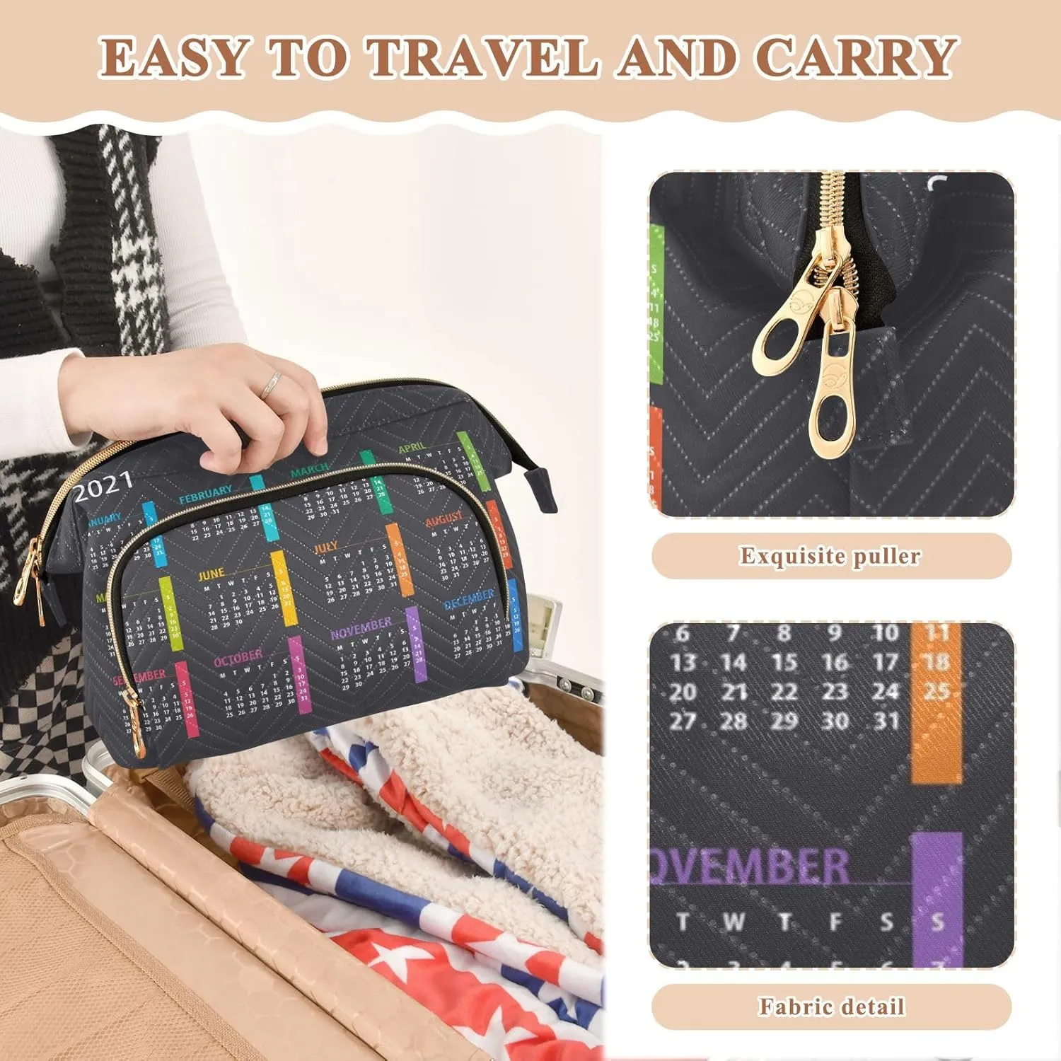 Women Wave Quilt Cosmetic Bag, Storage Pouch Handbag Makeup Case Zipper Toiletry Purse Holder Organizer 10.2x5.9x6.7 in Colorful Calendar Template Mock up Week starts on Monday on Dark