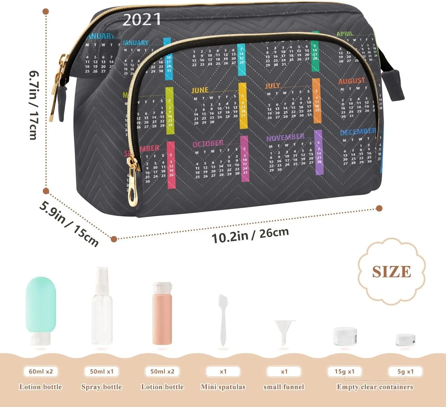 Women Wave Quilt Cosmetic Bag, Storage Pouch Handbag Makeup Case Zipper Toiletry Purse Holder Organizer 10.2x5.9x6.7 in Colorful Calendar Template Mock up Week starts on Monday on Dark