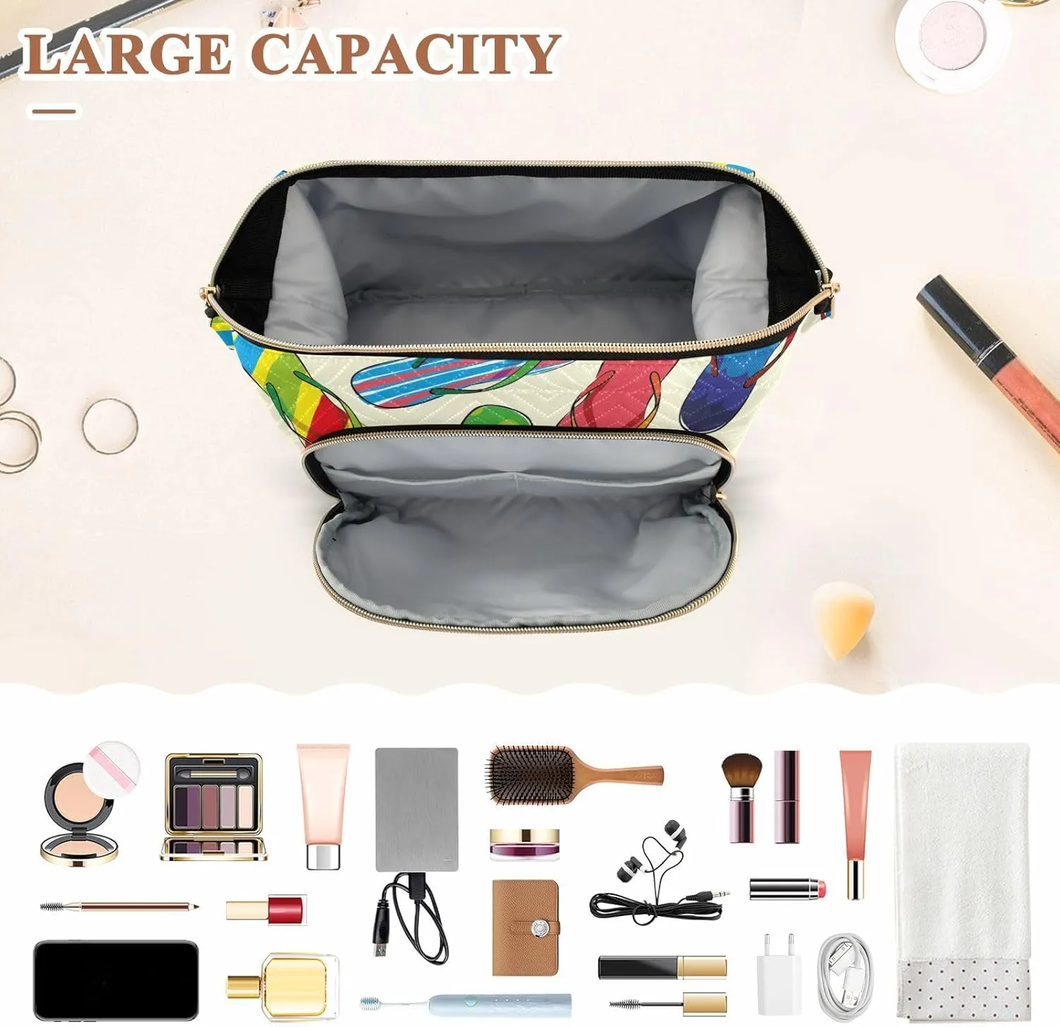 Women Wave Quilt Cosmetic Bag, Storage Pouch Handbag Makeup Case Zipper Toiletry Purse Holder Organizer 10.2x5.9x6.7 in Colorful Seamless Hand Drawn Flip Flips Slippery on Cream