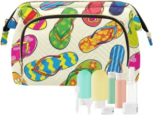 Women Wave Quilt Cosmetic Bag, Storage Pouch Handbag Makeup Case Zipper Toiletry Purse Holder Organizer 10.2x5.9x6.7 in Colorful Seamless Hand Drawn Flip Flips Slippery on Cream